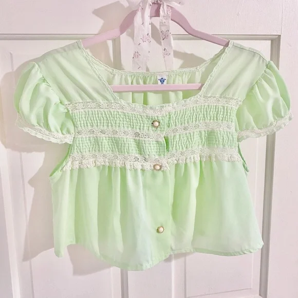SOLD Pastel Green Peasant Babydoll Crop Top - Picture 2 of 9